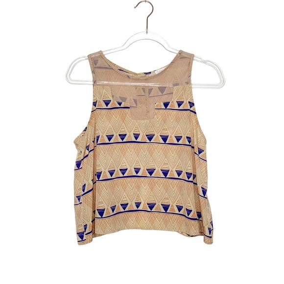 LUSH Aztec Print Cropped Top Scalloped Back Button Down Geometric Tan Blue Sz M - Picture 2 of 8